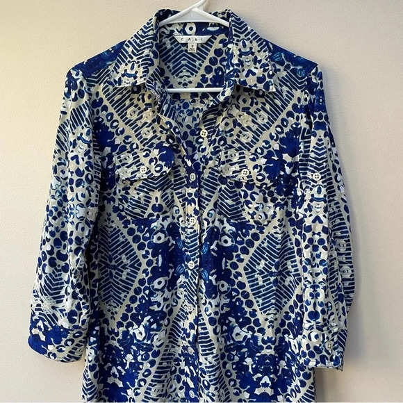 Cabi Style 422 Blue Jewel Print Button Down Shirt Dress Roll Tab Sleeve Size S - Picture 5 of 12
